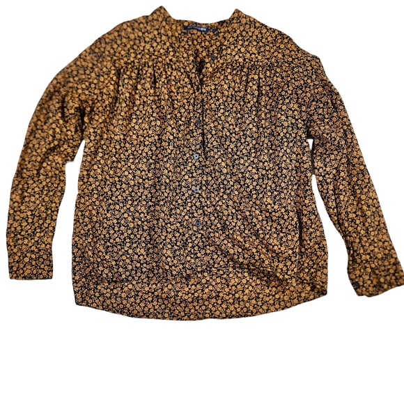 UniQlo Studio Sanderson Long Sleeve Pleated Button Up Blouse, Orange/Black, XS - Picture 7 of 13